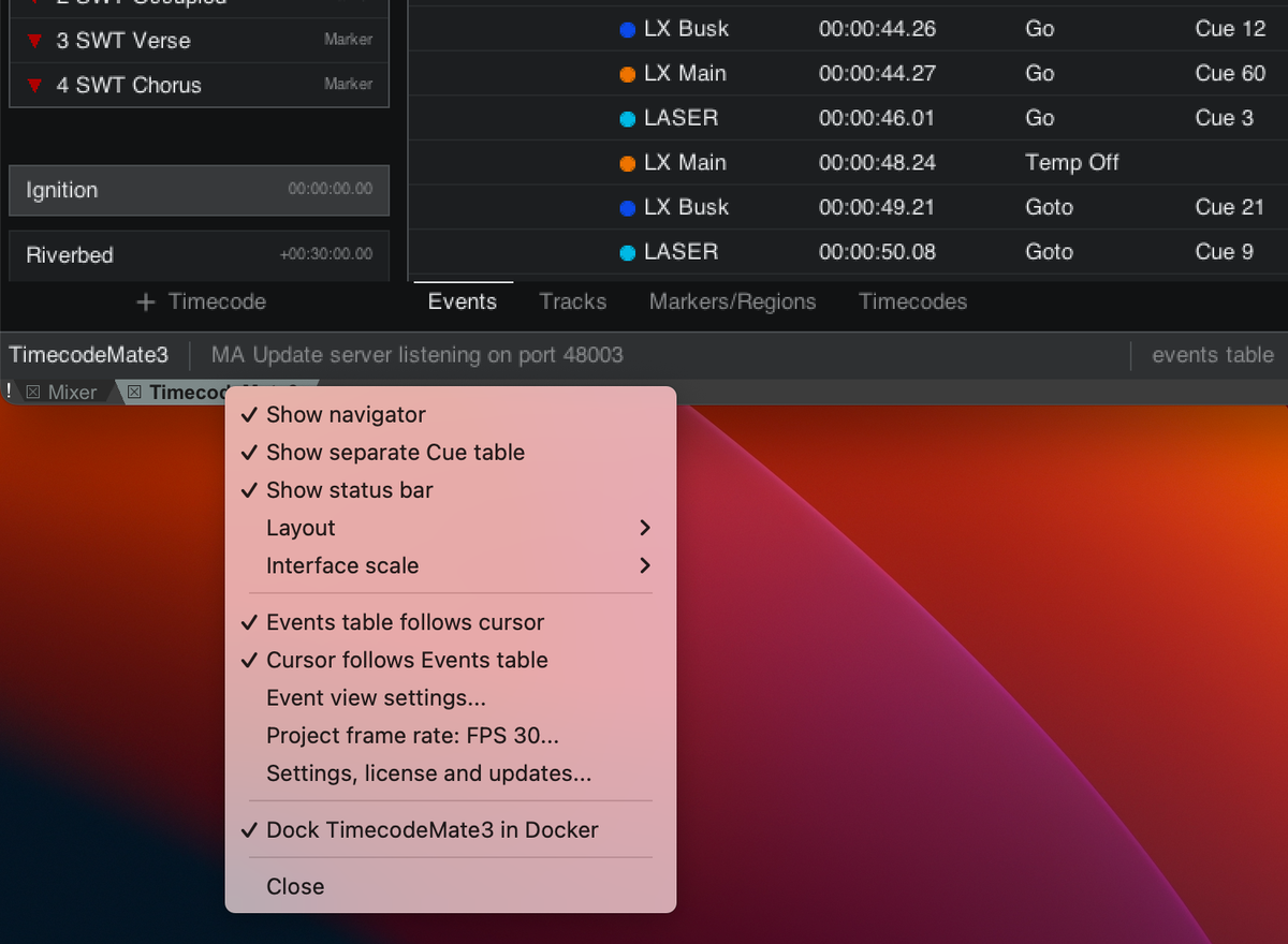 TimecodeMate3 window menu